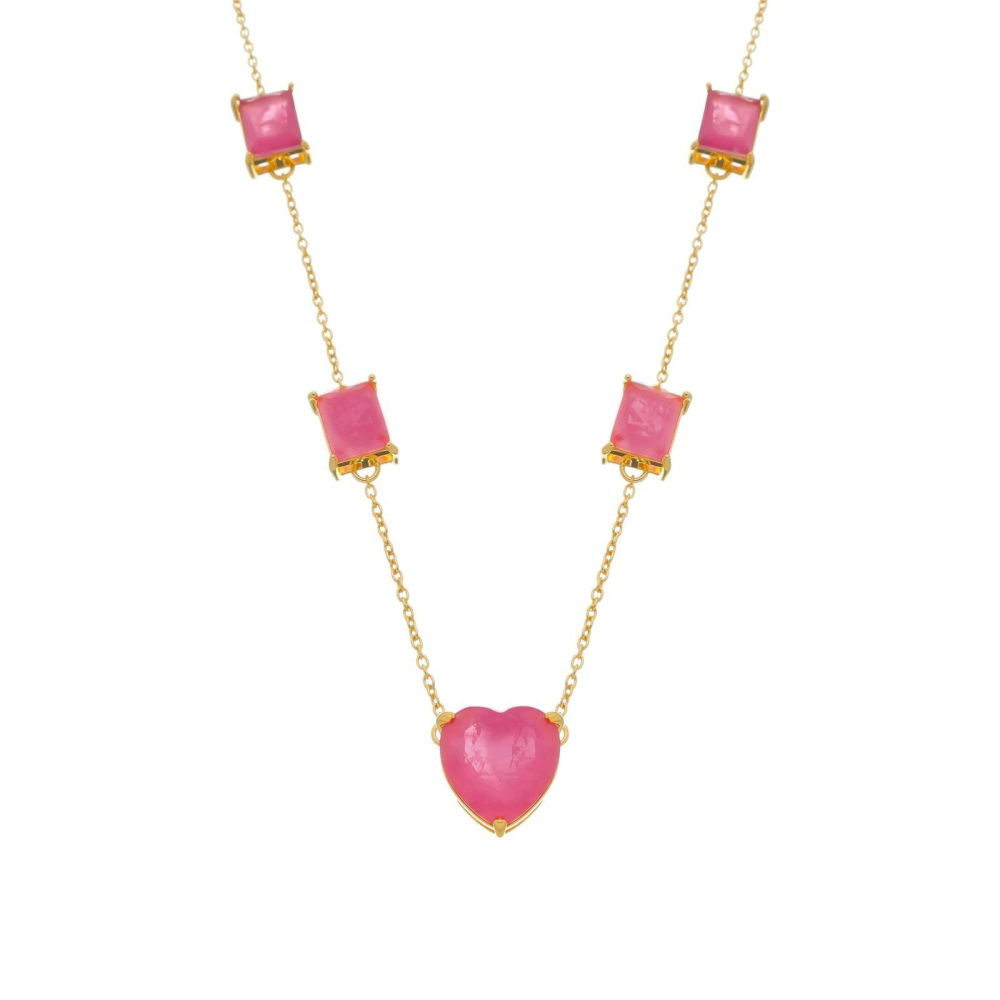 cat-13f5a3d027e5cc12.jpg Colar Dourado de Pedras Coração e Retângulos Rosas - Imagem 1
