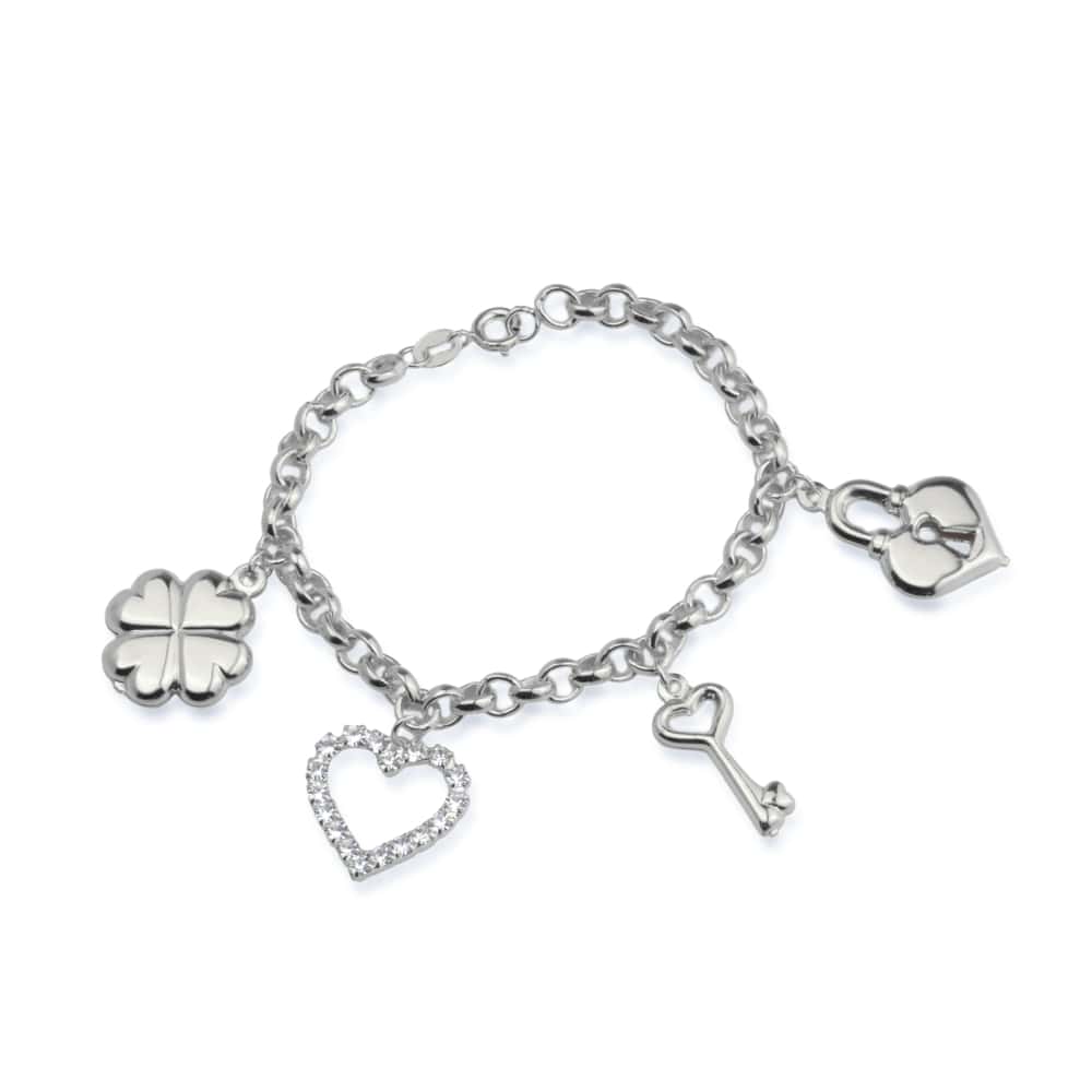 cat-1980a9828333e2f9.jpg Pulseira Prateada Elo Português com Coração, Cadeado, Trevo e Chave - Imagem 1