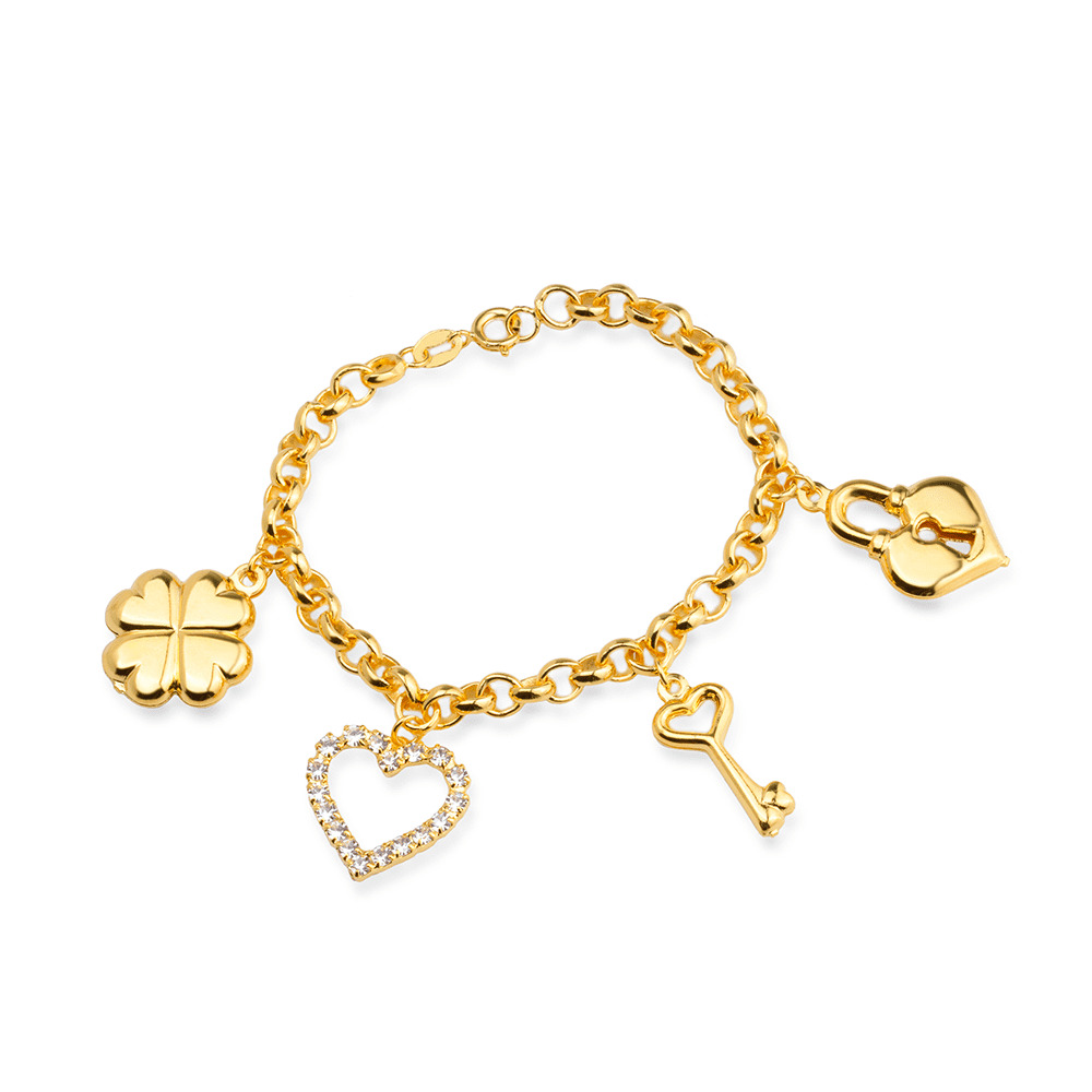 cat-19c0075acc56e258.jpg Pulseira Dourada Elo Português com Coração, Cadeado, Trevo e Chave - Imagem 1