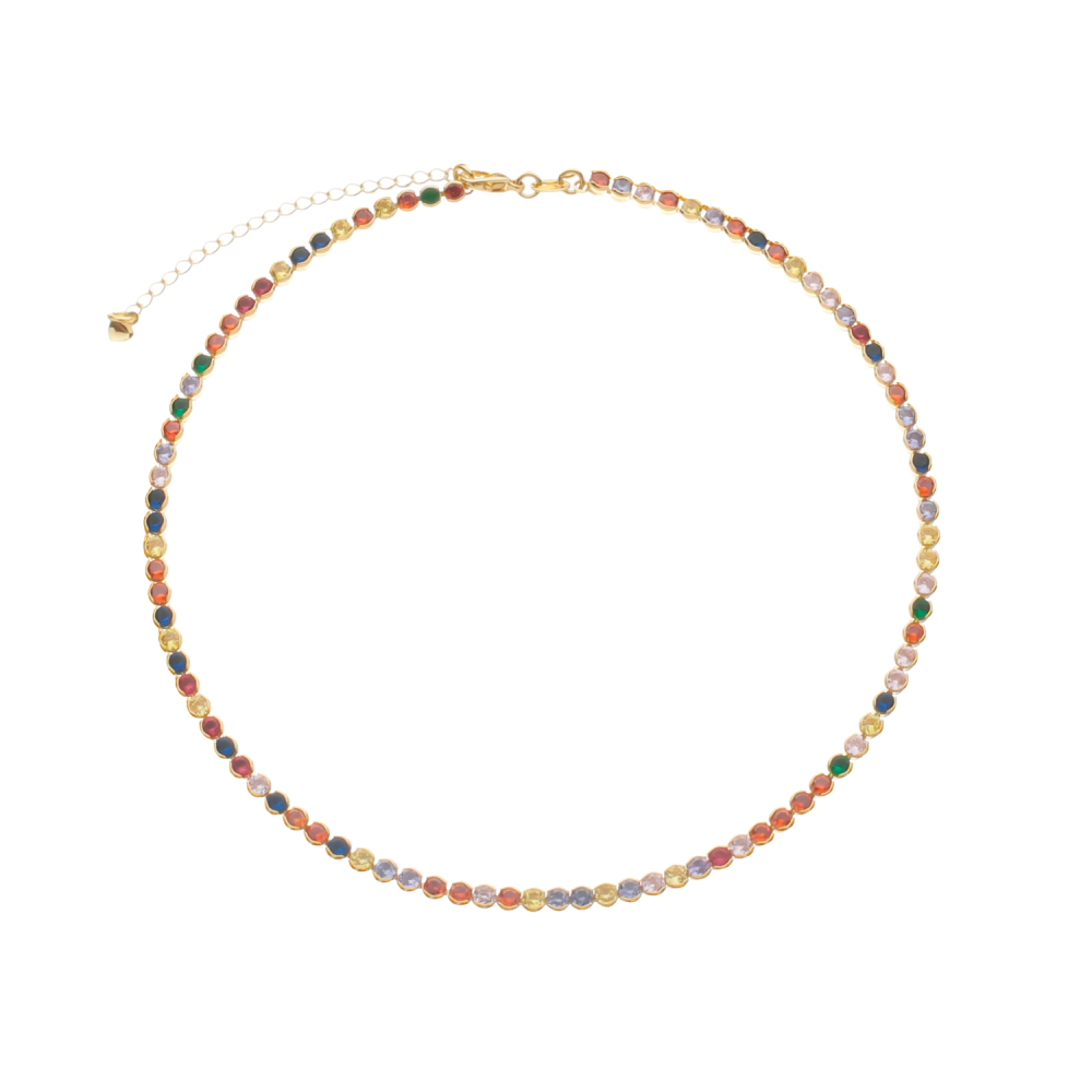 cat-1e6838888df70db1.jpg Colar Dourado Chocker Riviera Pedras Coloridas - Imagem 1