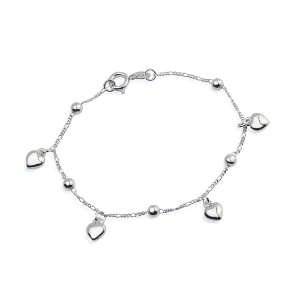 cat-4b263f7b56ade046.jpg Pulseira Prateada com Pingentes de Coração e Esferas - Imagem 1