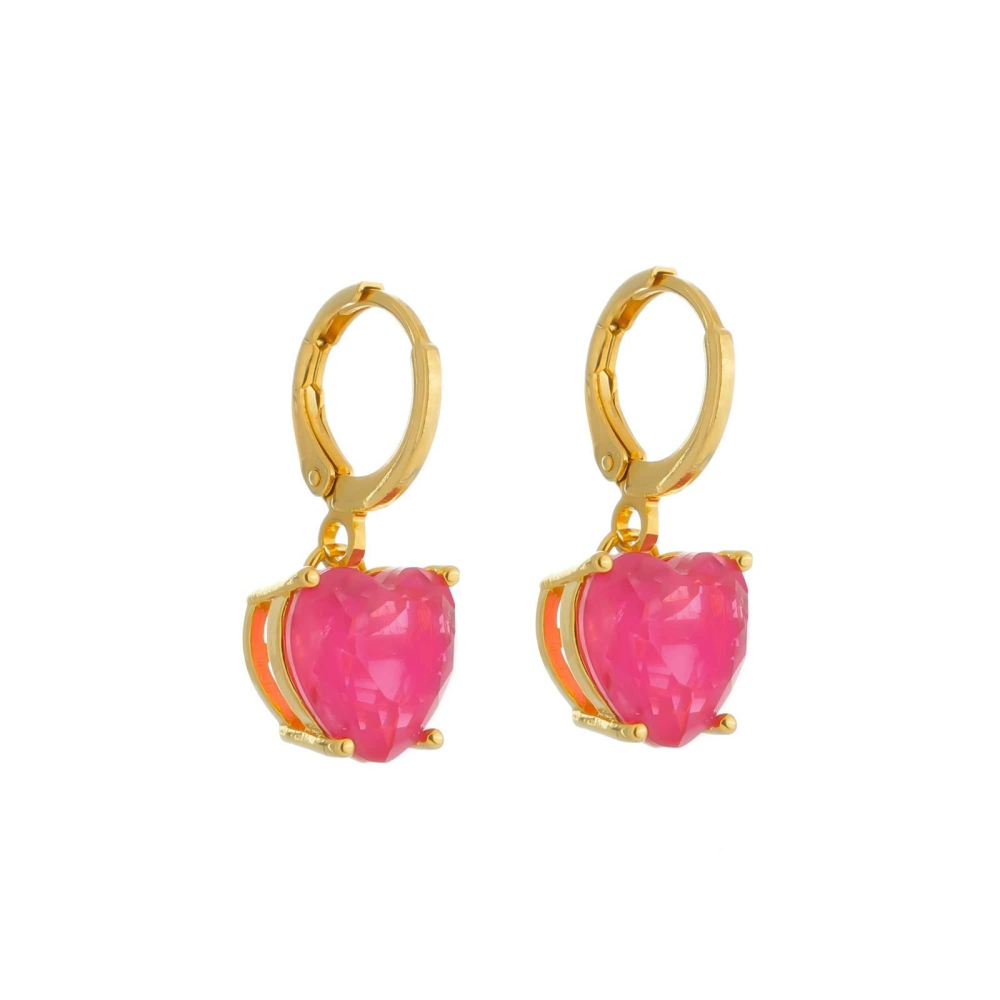 cat-599c20c3edfd707d.jpg Brinco Dourado Argolinha Pedra de Coração Rosa - Imagem 1