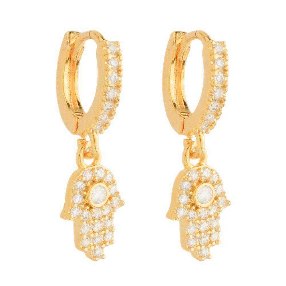 cat-5dce2daa7e81c9ef.jpg Brinco Dourado Argolinha Mãos de Fátima Cravejado Zircônia - Imagem 1