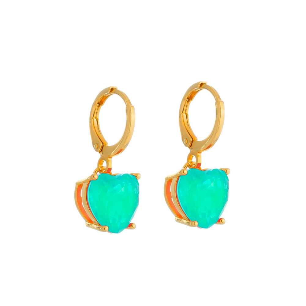 cat-82361a6c4b9a573a.jpg Brinco Dourado Argolinha Pedra de Coração Verde - Imagem 1