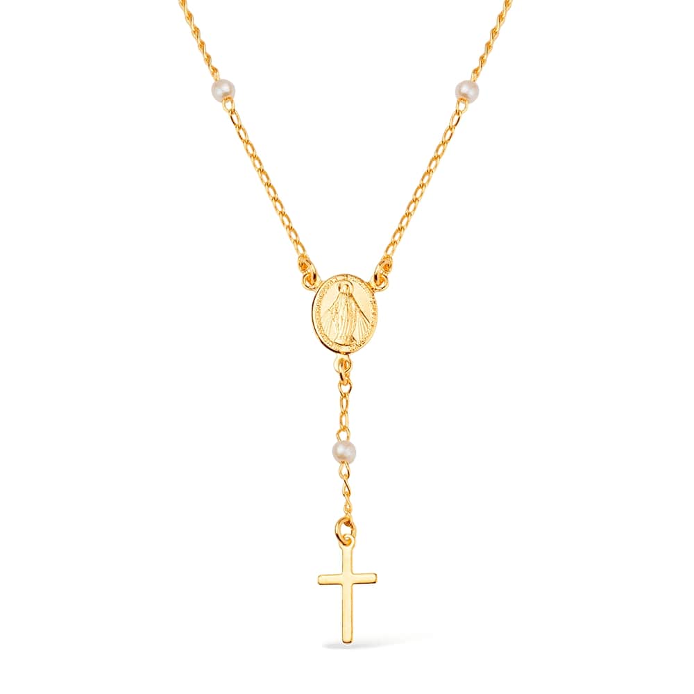 cat-96519c85009aa85c.jpg Colar Dourado Religioso Terço Cruz e Pérolas - Imagem 1