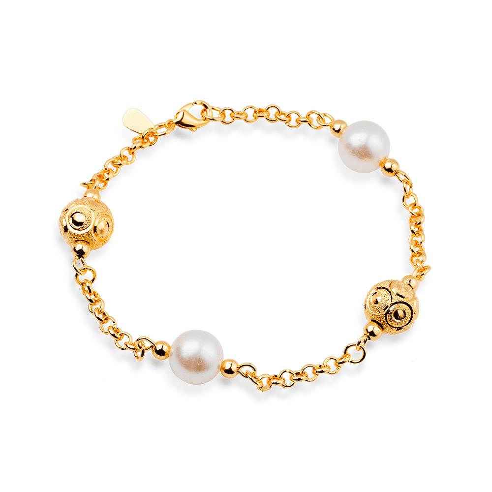 cat-b58ce42102573bee.jpg Pulseira Dourada Elo Português com Pérolas e Esferas Vazadas - Imagem 1